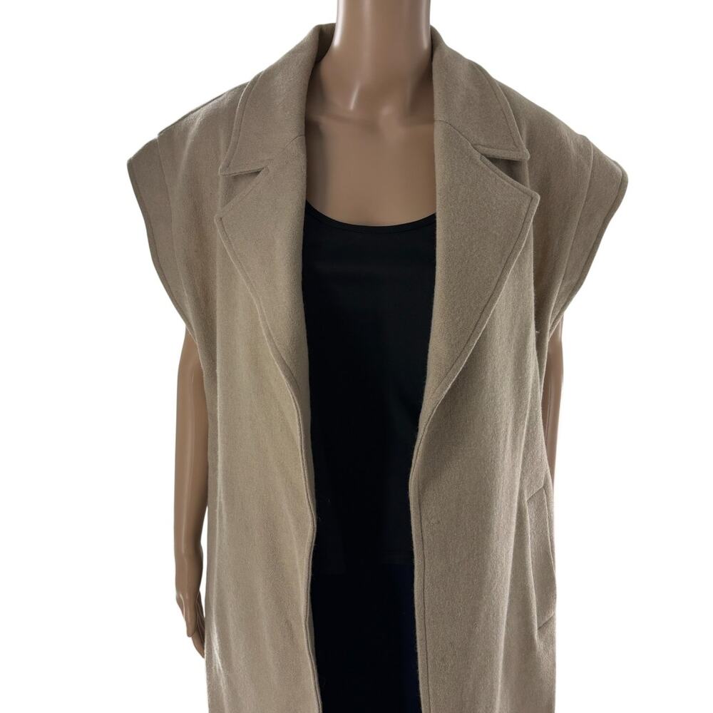 Oklan Suits Tan Open Front Wool Cap Sleeve Duster Vest - Picture 5 of 12